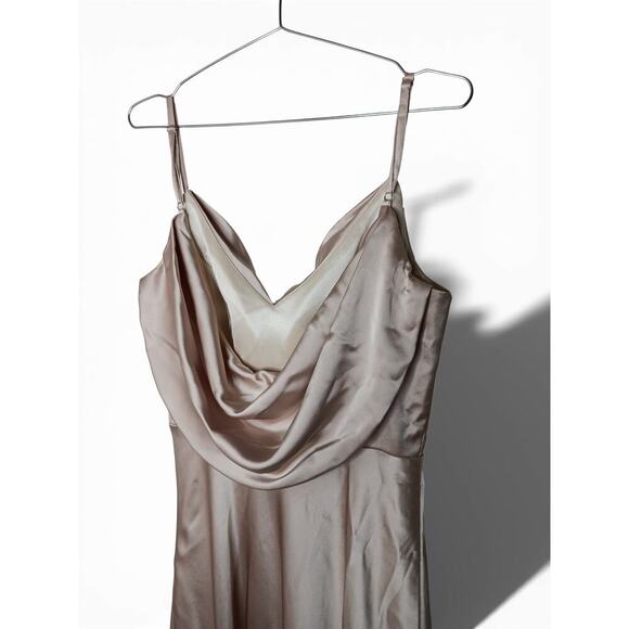 Revelry Champagne Satin Slip Maxi Dress Gown Cowl Neck Side Slit Size 12 Party - Picture 12 of 15